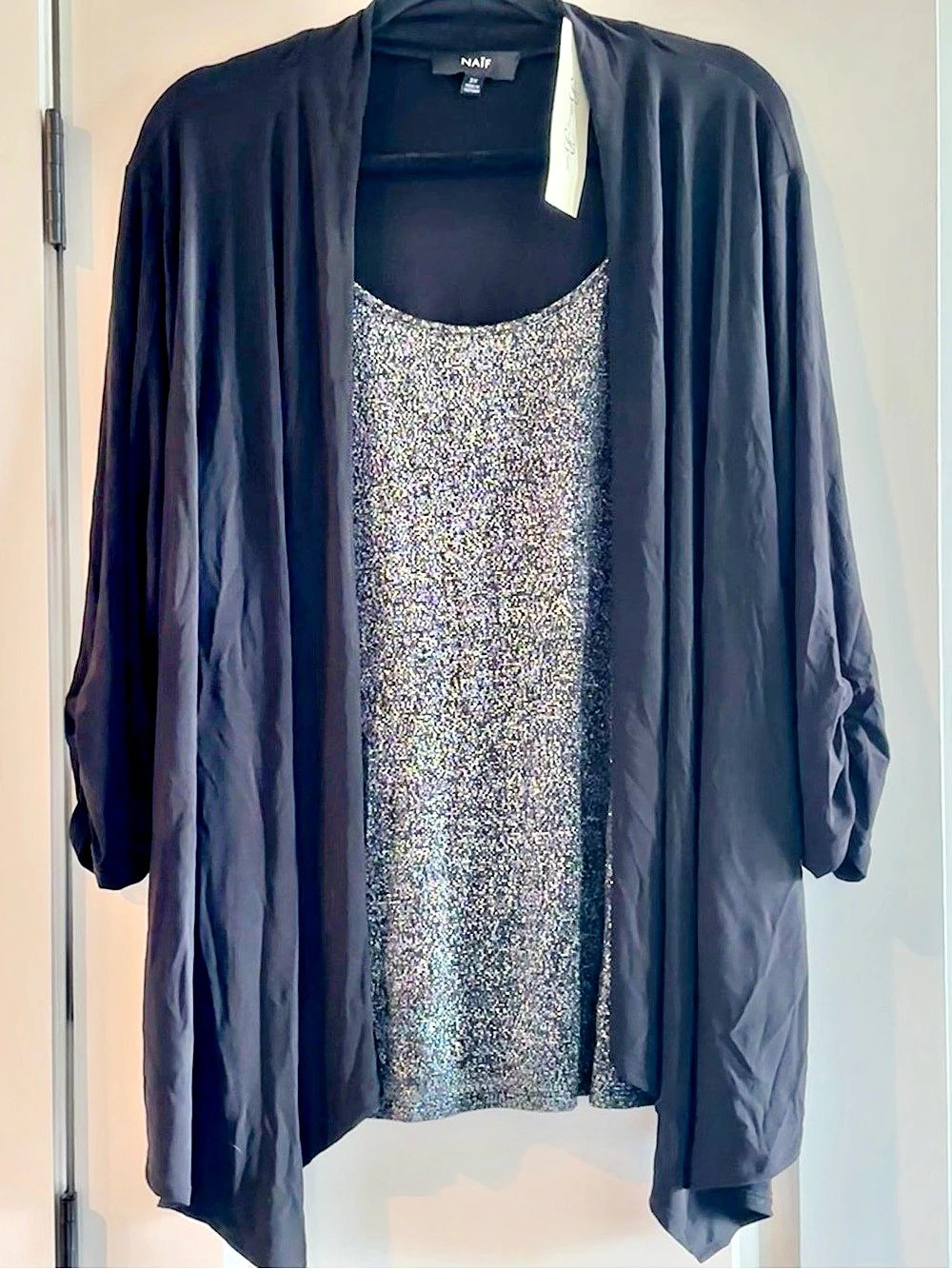 Naif Twofer Two In One Silver Tank 3/4 Sleeves Dressy Blouse Cardigan 3XL Office
